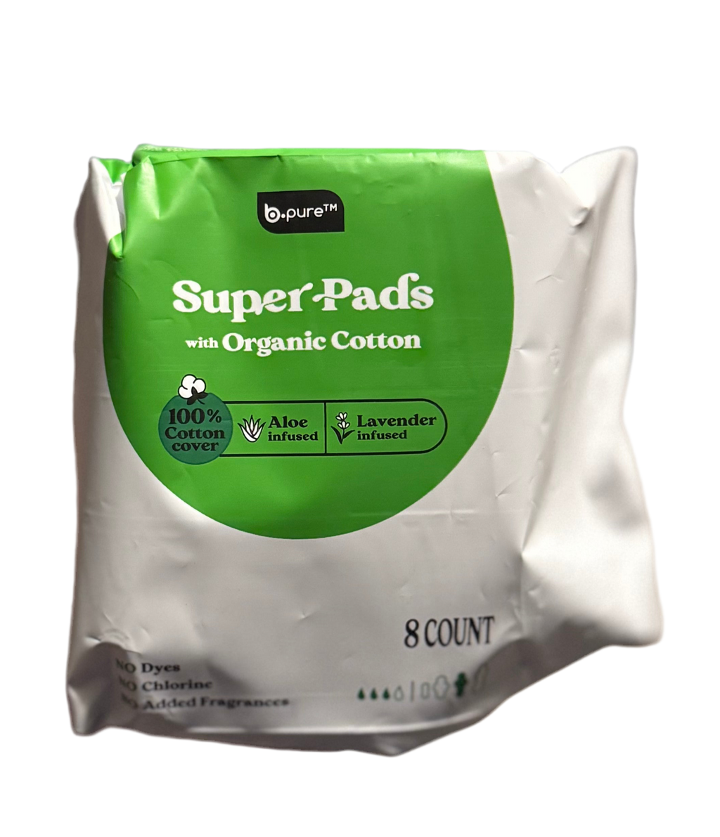 B.Pure Super Pads with Organic Cotton – 10 Count | Aloe & Lavender Infused | 100% Cotton Cover | Chlorine-Free