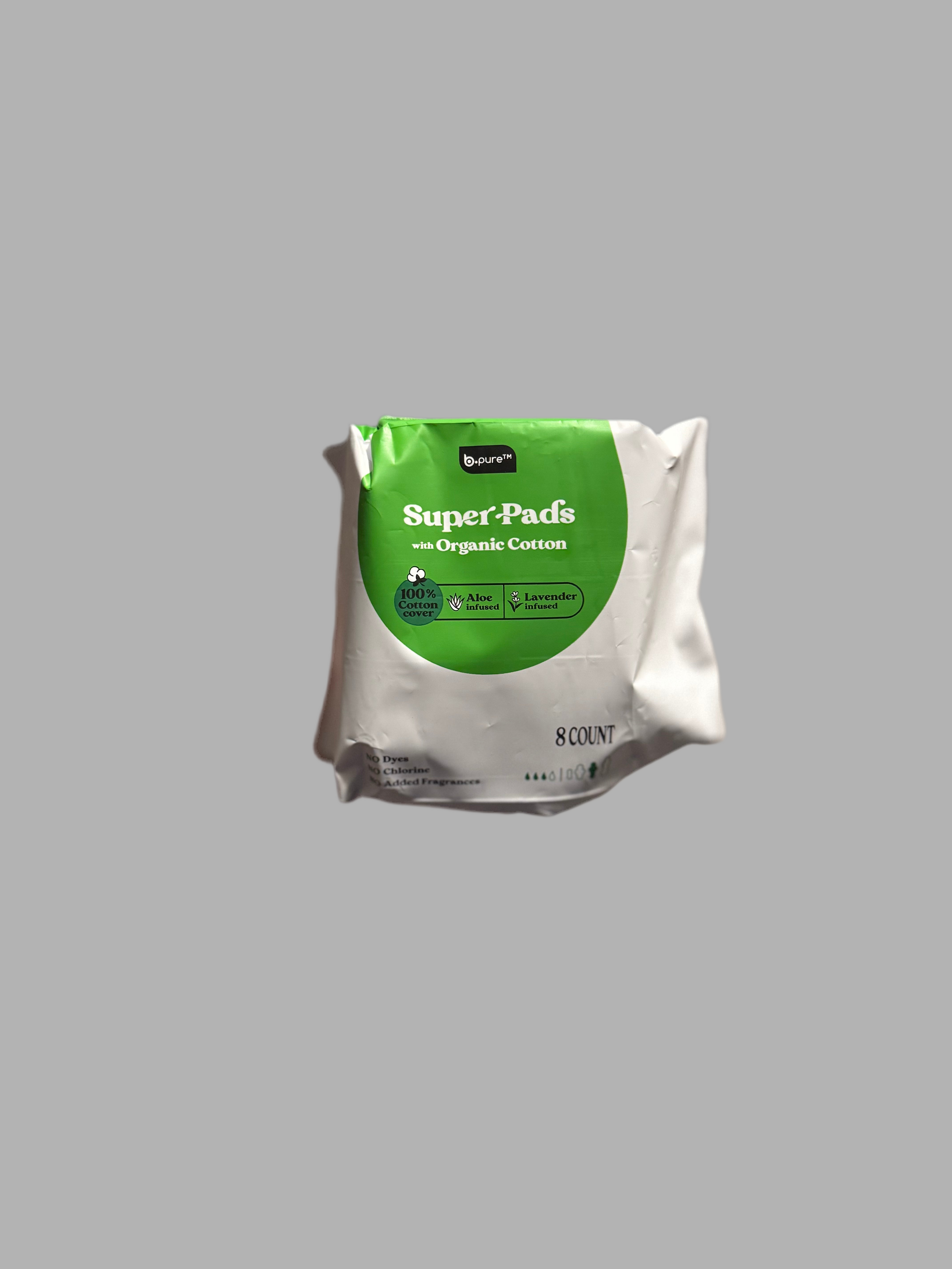 B.Pure Super Pads with Organic Cotton – 10 Count | Aloe & Lavender Infused | 100% Cotton Cover | Chlorine-Free